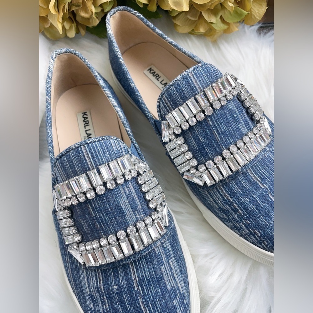Karl Lagerfeld Navy Denim Slip on Shoes with Diamond Buckle Size 6/36 - Picture 2 of 8